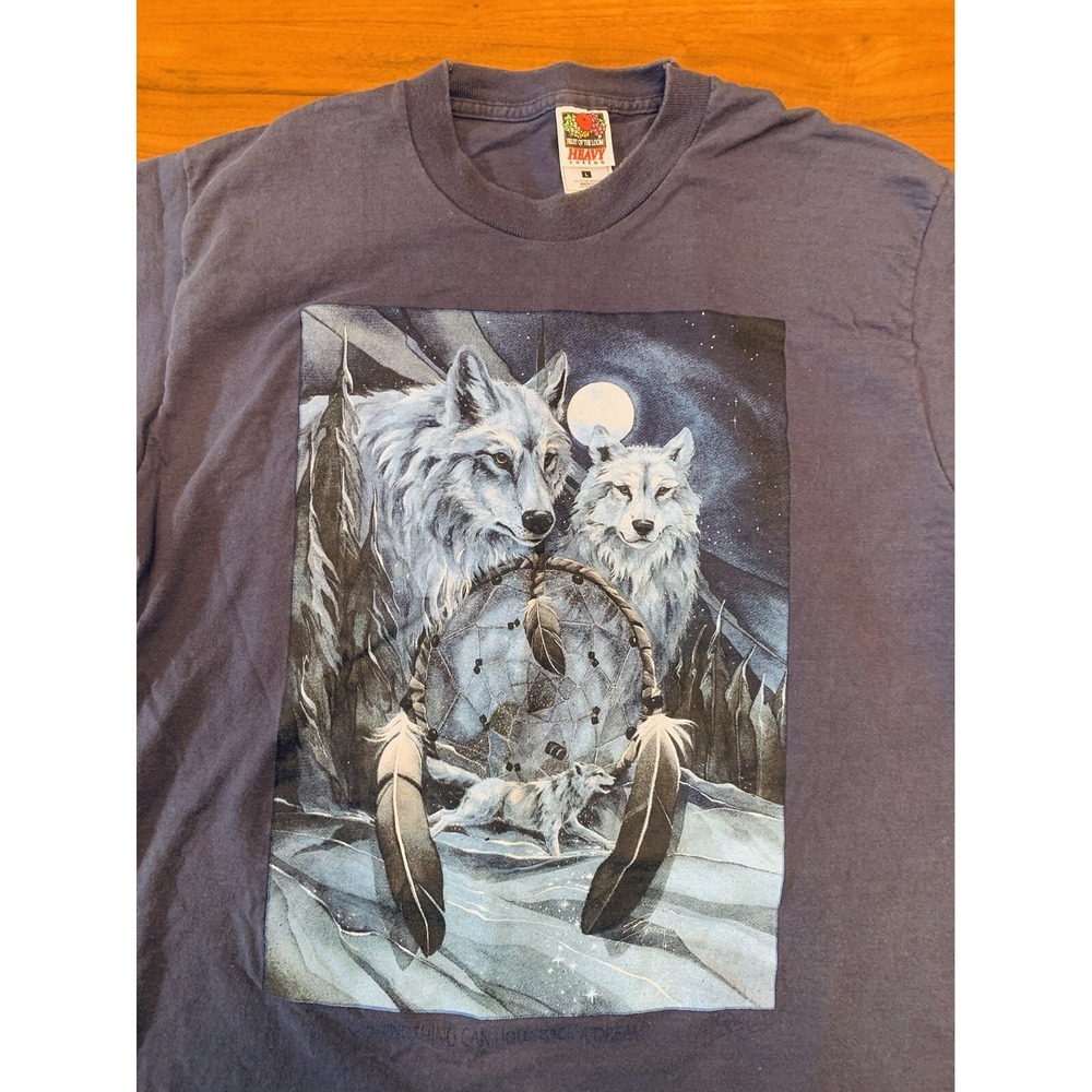 VTG Wolf Dreamcatcher T-Shirt Men's L Mystical Blue Single Stitch 90s 80s Y2k